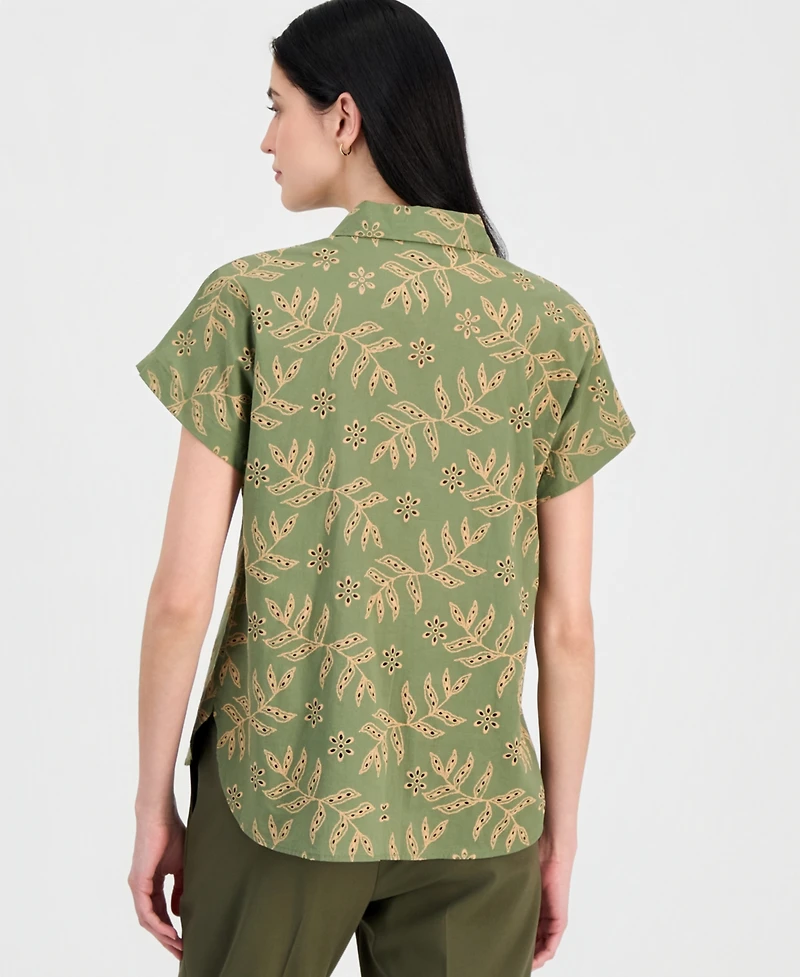 Tahari Asl Petite Collar Neck Short-Sleeve Cotton Top