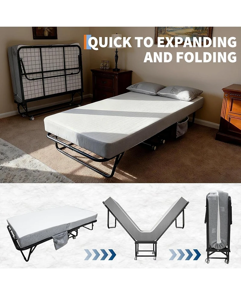 gaomon Folding Bed with Mattress, 75" x 38" Folded Bed with 5 Memory Foam Mattress and Sturdy Metal Frame, Rollaway Guest Beds on Wheels for