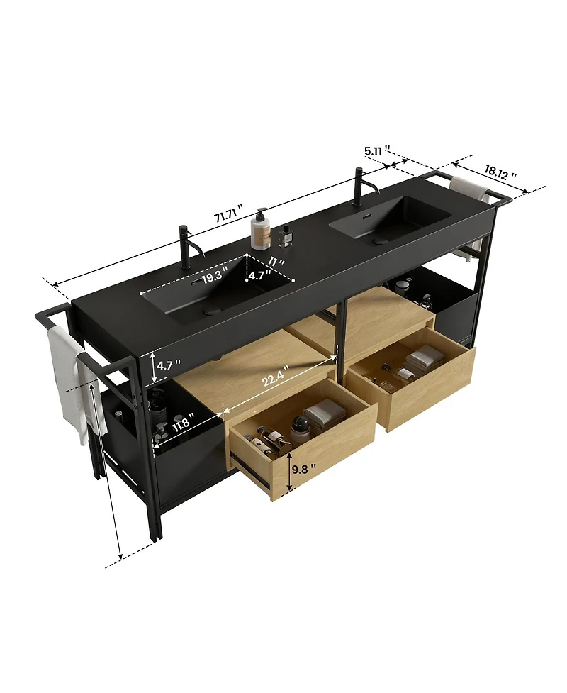 Sillysis Industrial Double Bathroom Vanity with Artificial Stone Sinks, Large Freestanding Bathroom Vanity without Faucet