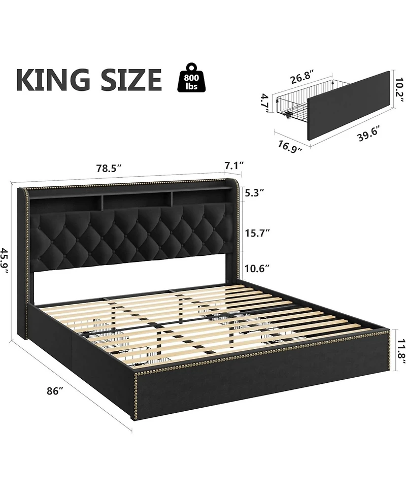 gaomon King Size Bed Frame with 4 Storage Drawers, Velvet Fabric Upholstered Platform Bed with Tufted Headboard, Wooden Slats, No Box Spring Required
