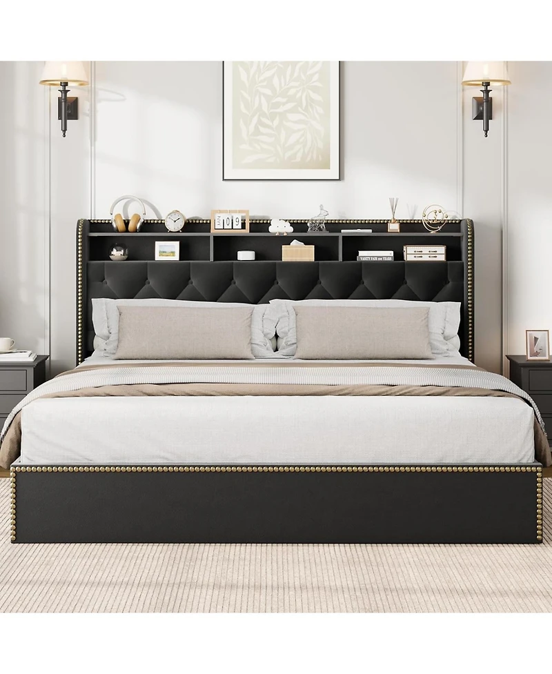 gaomon King Size Bed Frame with 4 Storage Drawers, Velvet Fabric Upholstered Platform Bed with Tufted Headboard, Wooden Slats, No Box Spring Required