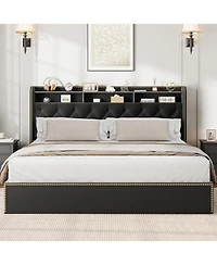 gaomon King Size Bed Frame with 4 Storage Drawers, Velvet Fabric Upholstered Platform Bed with Tufted Headboard, Wooden Slats, No Box Spring Required