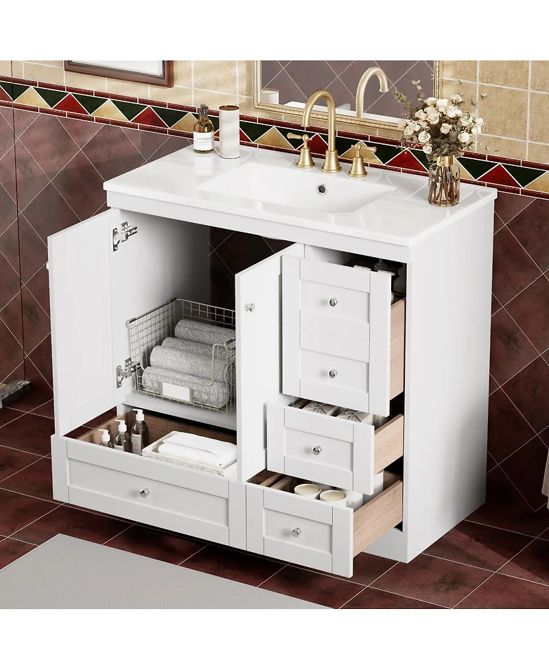 Sillysis 36" Shaker Bathroom Vanity with Ceramic Sink, Freestanding Mdf Cabinet, Soft-Close Drawers & 2 Doors for Modern Storage