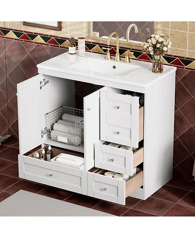 Sillysis 36" Shaker Bathroom Vanity with Ceramic Sink, Freestanding Mdf Cabinet, Soft-Close Drawers & 2 Doors for Modern Storage
