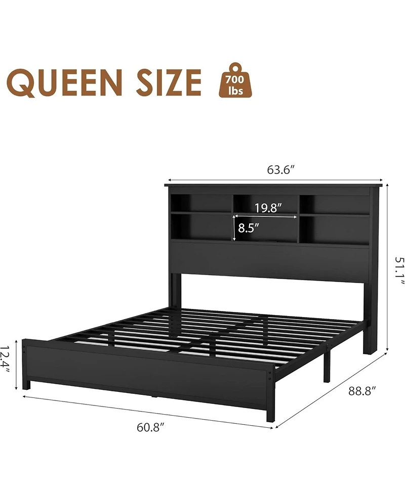 gaomonBed Frame with Bookcase Headboard, 2-Tier Storage Platform, Usb Charging Station, No Box Spring, Easy Assembly