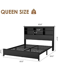 gaomonBed Frame with Bookcase Headboard, 2-Tier Storage Platform, Usb Charging Station, No Box Spring, Easy Assembly