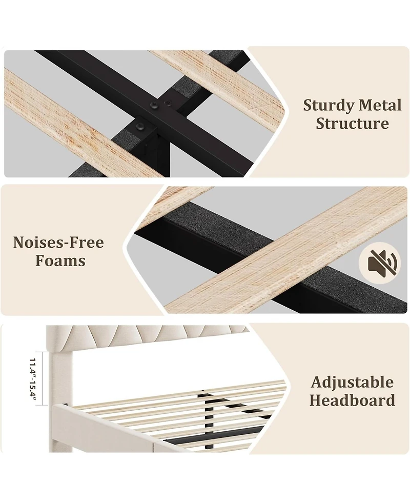 gaomon Beige Bed Frame with Upholstered Headboard, Heavy-Duty Platform Strong Wood Slats