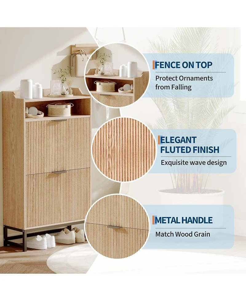 gaomon Modern Fluted Shoe Storage Cabinet with 2 Flip Drawers and Open Shelf Freestanding Narrow Shoe Rack Organizer for Hallway Entryway
