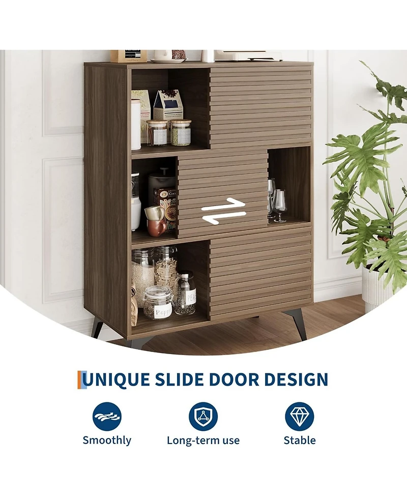 gaomon 31" Fluted Sliding Door Sideboard,Modern Wooden Storage Cabinet with Metal Base, Floor-Standing Storage Cabinet