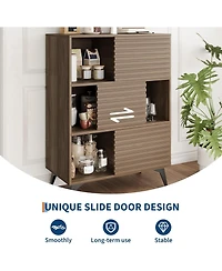 gaomon 31" Fluted Sliding Door Sideboard,Modern Wooden Storage Cabinet with Metal Base, Floor-Standing Storage Cabinet
