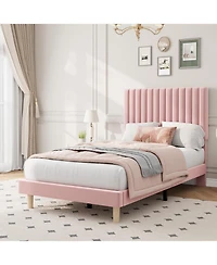 gaomon Twin Bed Frame with Adjustable Headboard, Velvet Upholstered Platform Bed Frame Twin Size, Vertical Channel Tufted, Strong Wooden Slats