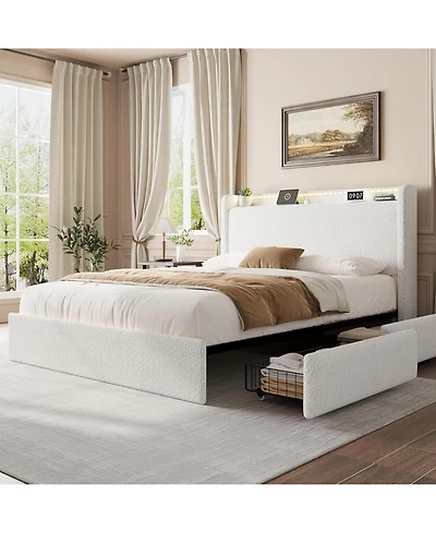 gaomon Full Bed Frame with Storage Headboard, Upholstered Charging Station, Led Lights, 4 Drawers