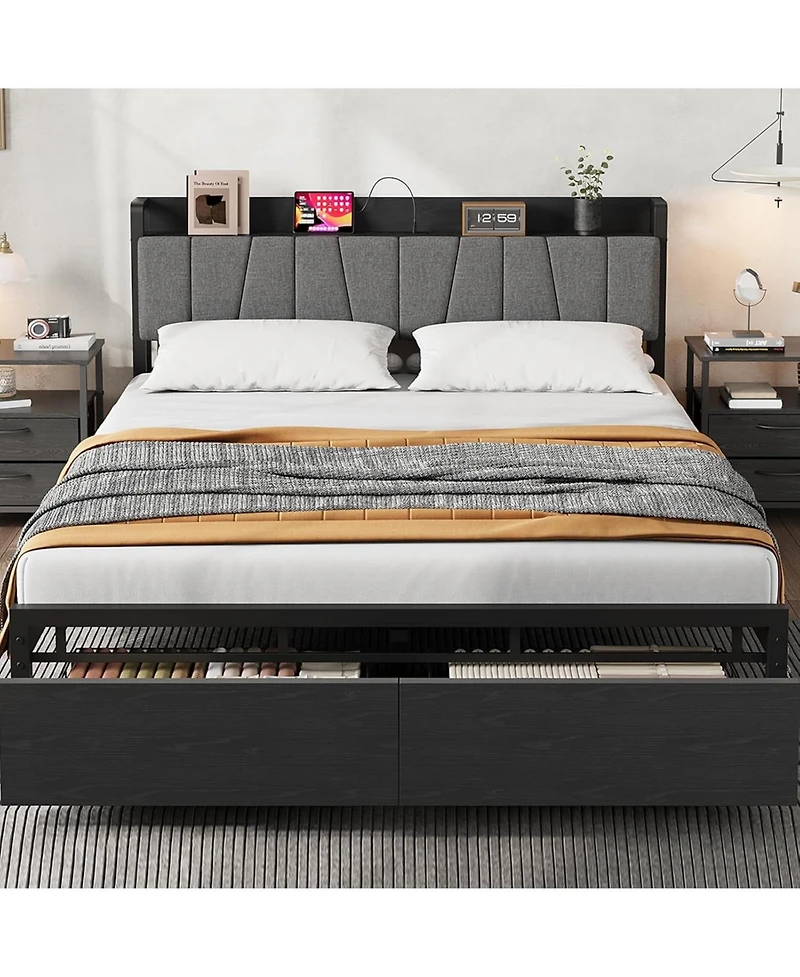 gaomon Bed Frame with Storage Headboard, Industrial Platform Bed with 2 Large Drawers and Charging Station