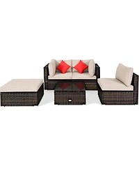 Gymax 5PCS Rattan Sectional Sofa Set Patio Furniture Set w/ Cushion Pillow
