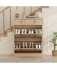 gaomon Fluted Shoe Cabinet with 2 Flip Drawers and 1 Top Drawer Narrow Wooden Cabinet with Adjustable Shelves Freestanding Shoe Organizer