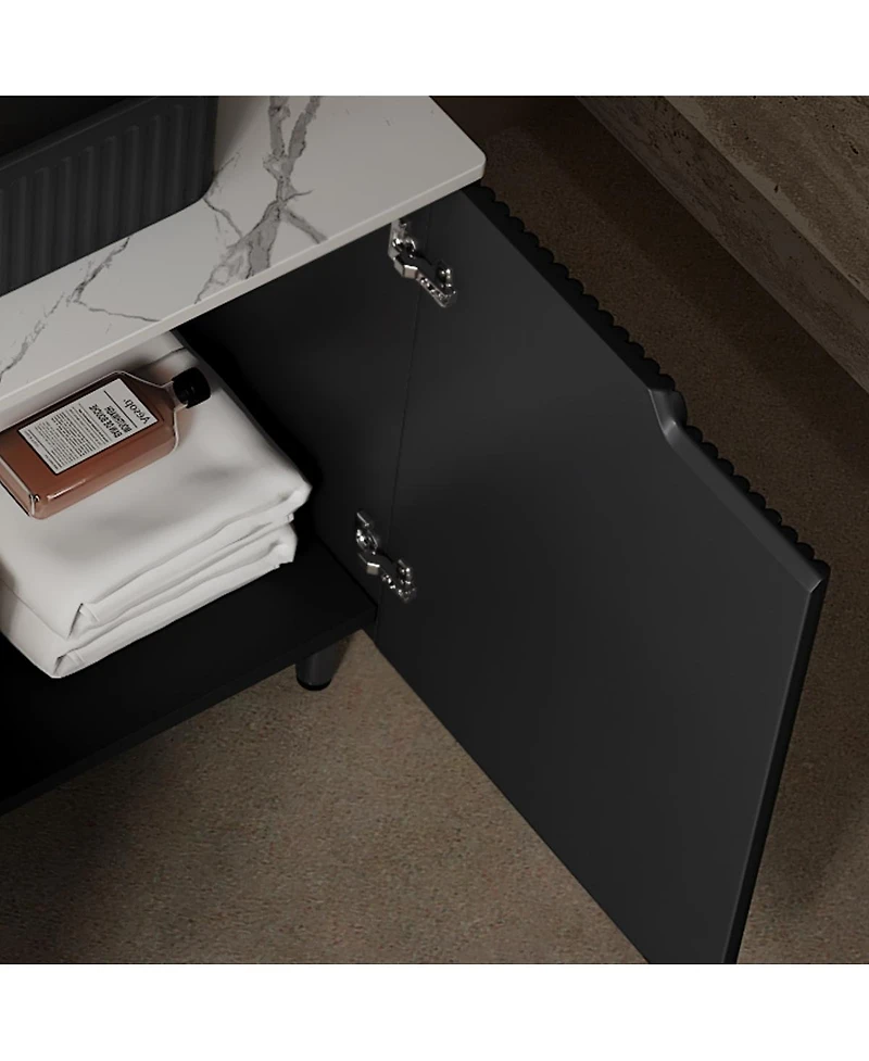 Sillysis 30'' Modern French Freestanding Bathroom Vanity with Black Ceramic Sink, Carrara White Countertop, Soft Close 2-Door Storage