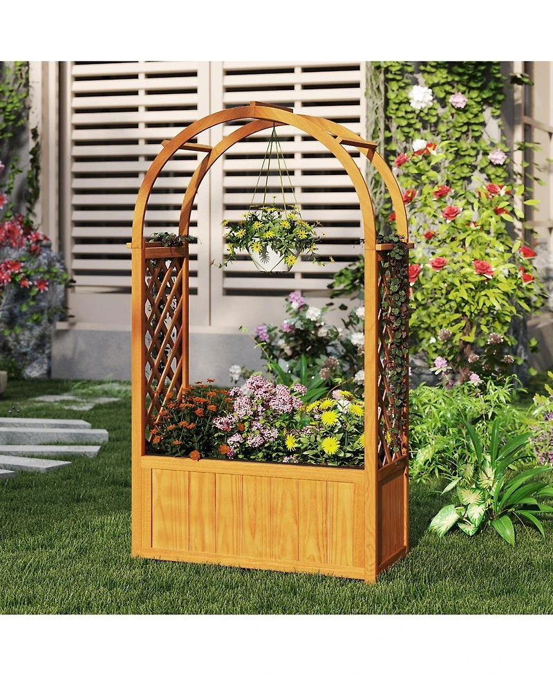 Gymax Wooden Raised Garden Bed w/ Lattice Trellis Arched Roof Liner Drainage Patio