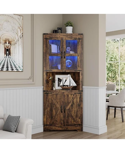 gaomon Corner Cabinet with Lights, 6-Tier Corner Storage Cabinet with Doors, Space Saver Shelf for Bathroom