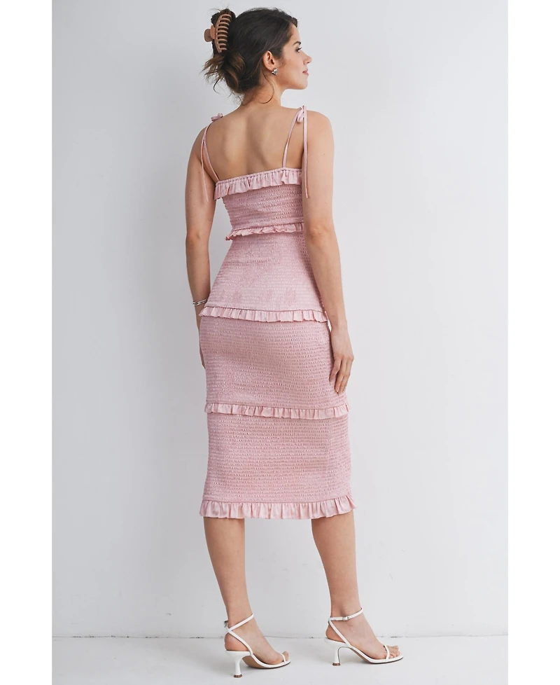 Hello Miz Women's Maternity Smocked Bodycon Midi Dress with Ruffle Trim and Tie Straps