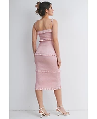 Hello Miz Women's Maternity Smocked Bodycon Midi Dress with Ruffle Trim and Tie Straps