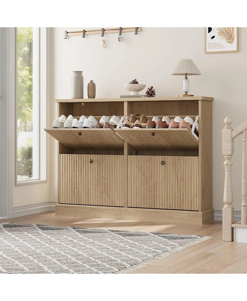 gaomon Shoe Cabinet with 4 Flip Drawers Freestanding Cabinet with Adjustable Shelves and Thicken Top Fluted Design Wooden Narrow Shoe Organizer