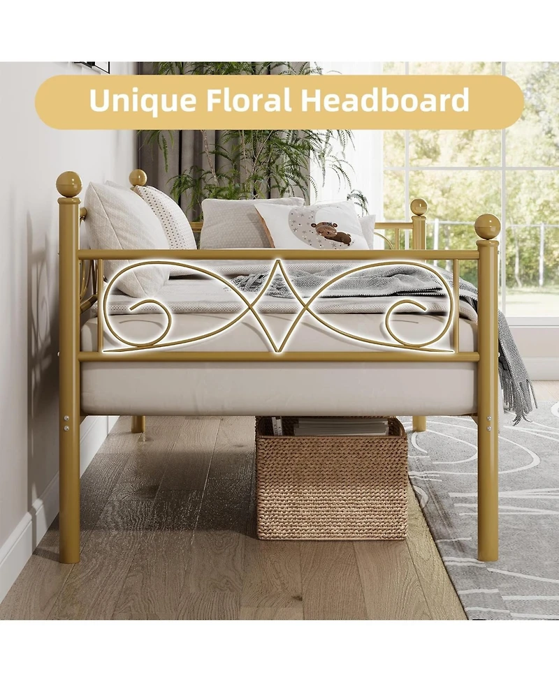 gaomon Daybed Frame, Metal with Floral Headboard, Heavy Duty Steel Slats Supports, Modern Twin Bed Frame for Living Room, Guest Room
