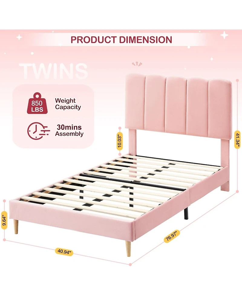 gaomon Twin Bed Frame, Velvet Upholstered Platform Bed with Wave Headboard for Girls/Kids, Easy Assembly, Wooden Slats Support, No Box Spring Needed