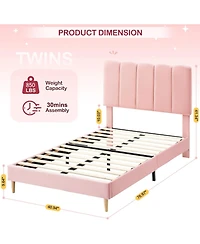 gaomon Twin Bed Frame, Velvet Upholstered Platform Bed with Wave Headboard for Girls/Kids, Easy Assembly, Wooden Slats Support, No Box Spring Needed