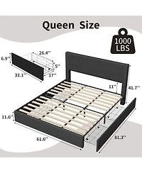 gaomon Platform Bed with 4 Storage Drawers, Upholstered Corduroy Channel Tufted Headboard Frame Strong Wooden Slat Support