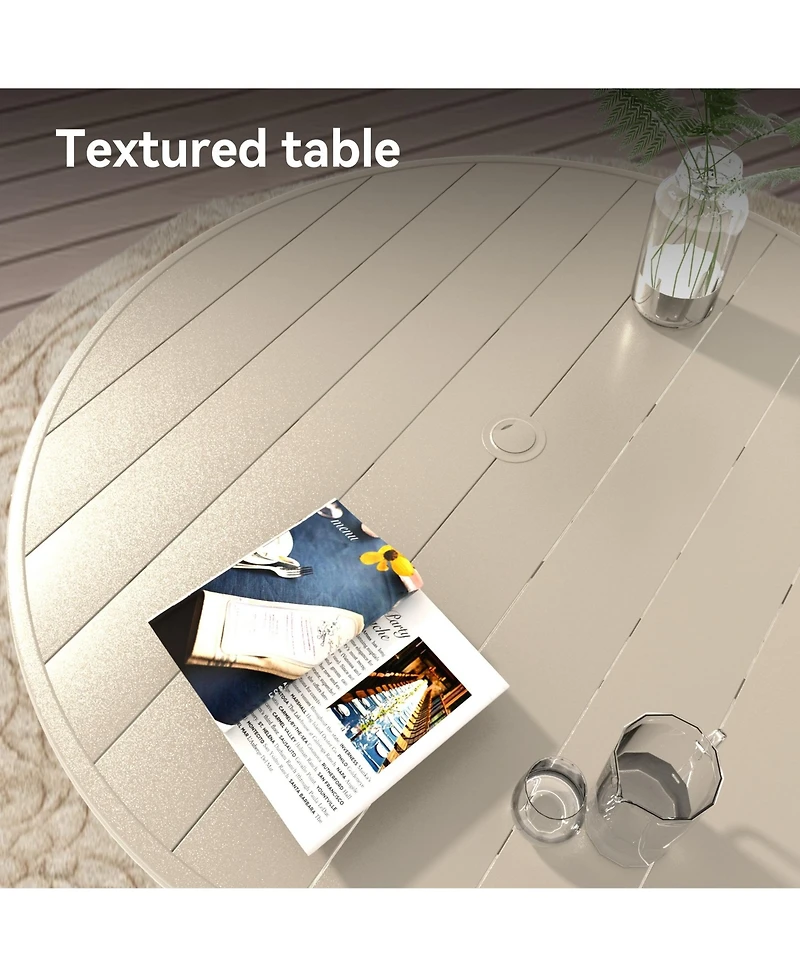 Mondawe 7-Piece Outdoor Dining Set, 6 Stackable Metal Chairs with 1 Round Slatted Table, Sandstone Color, All-Weather Patio Set