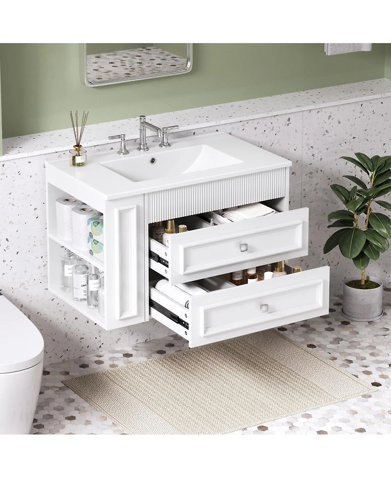 Sillysis 30" Wall Mounted Bathroom Vanity with Sink, Modern Mdf Cabinet, 2 Drawers and Open Shelves for Small Spaces