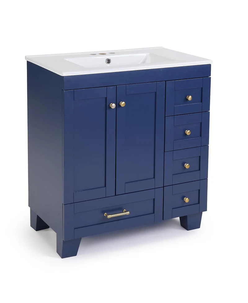Sillysis 30" Blue Bathroom Vanity with Ceramic Sink, Solid Wood Frame, Pull-Out Drawers, Adjustable Storage, Soft Close Slides