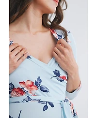 Hello Miz Maternity Floral Nursing Wrap 3/4 Sleeve V-Neck Maxi Dress