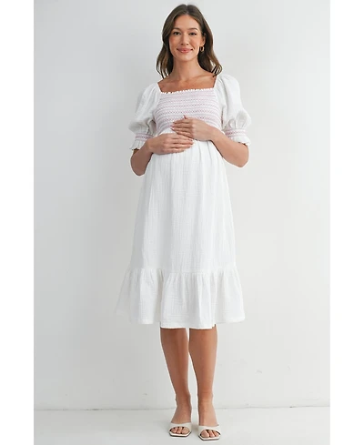 Hello Miz Maternity Smocked Empire Waist Puff Sleeve Midi Dress with Ruffle Hem