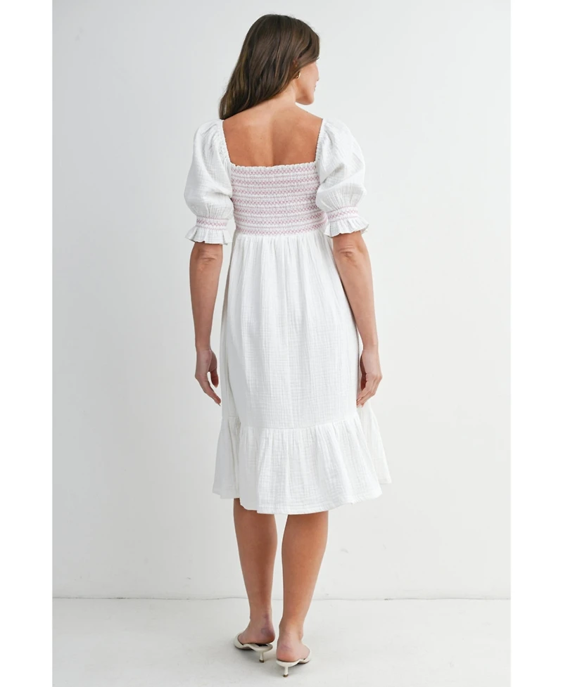 Hello Miz Maternity Smocked Empire Waist Puff Sleeve Midi Dress with Ruffle Hem