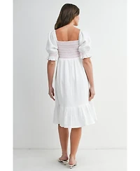 Hello Miz Maternity Smocked Empire Waist Puff Sleeve Midi Dress with Ruffle Hem