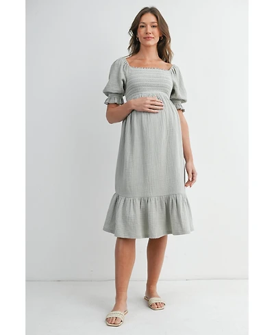 Hello Miz Maternity Smocked Empire Waist Puff Sleeve Midi Dress with Ruffle Hem