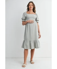 Hello Miz Maternity Smocked Empire Waist Puff Sleeve Midi Dress with Ruffle Hem
