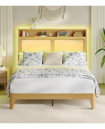 gaomon Queen Rattan Bed Frame Led Lights Boho Wood Platform Storage Headboard Charging Station Silent Slats No Box Spring