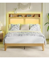 gaomon Queen Rattan Bed Frame Led Lights Boho Wood Platform Storage Headboard Charging Station Silent Slats No Box Spring