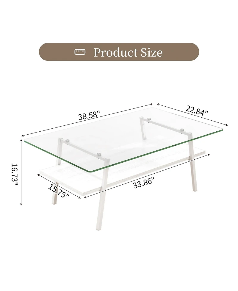 Rainsken Rectangle Coffee Table, 2 Tier Center Table with Clear Tempered Glass Top and Metal Legs for Living Room