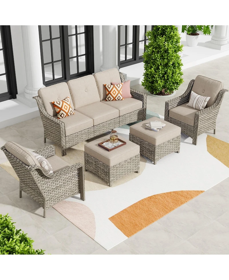 Xizzi 5 Piece Outdoor Patio Furniture Set,Wicker Conversation Set with Comfy Deep Sofa,Wide Armrest Chairs Ottoman for Outside Porch Balcony