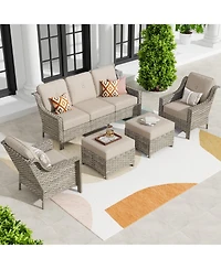 Xizzi 5 Piece Outdoor Patio Furniture Set,Wicker Conversation Set with Comfy Deep Sofa,Wide Armrest Chairs Ottoman for Outside Porch Balcony