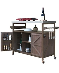 sumyeg Outdoor Kitchen Island and Rolling Bar Cart, Farmhouse Solid Wood Grill Table with Stainless Steel Top, Spice Rack Towel