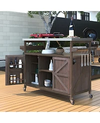 sumyeg Outdoor Kitchen Island and Rolling Bar Cart, Farmhouse Solid Wood Grill Table with Stainless Steel Top, Spice Rack Towel