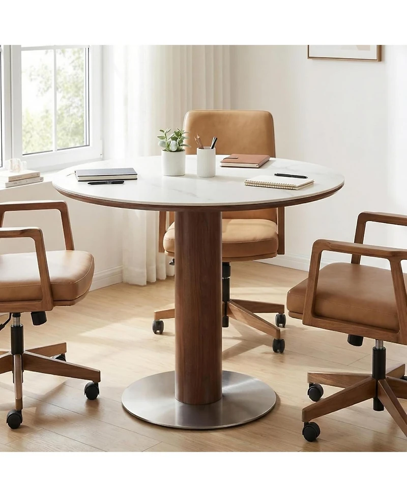 Tribesigns 31.5-Inch Round Conference Table for 2-4 People, Modern Small Meeting Room Table with Sintered Stone Tabletop and Stainless Steel Base