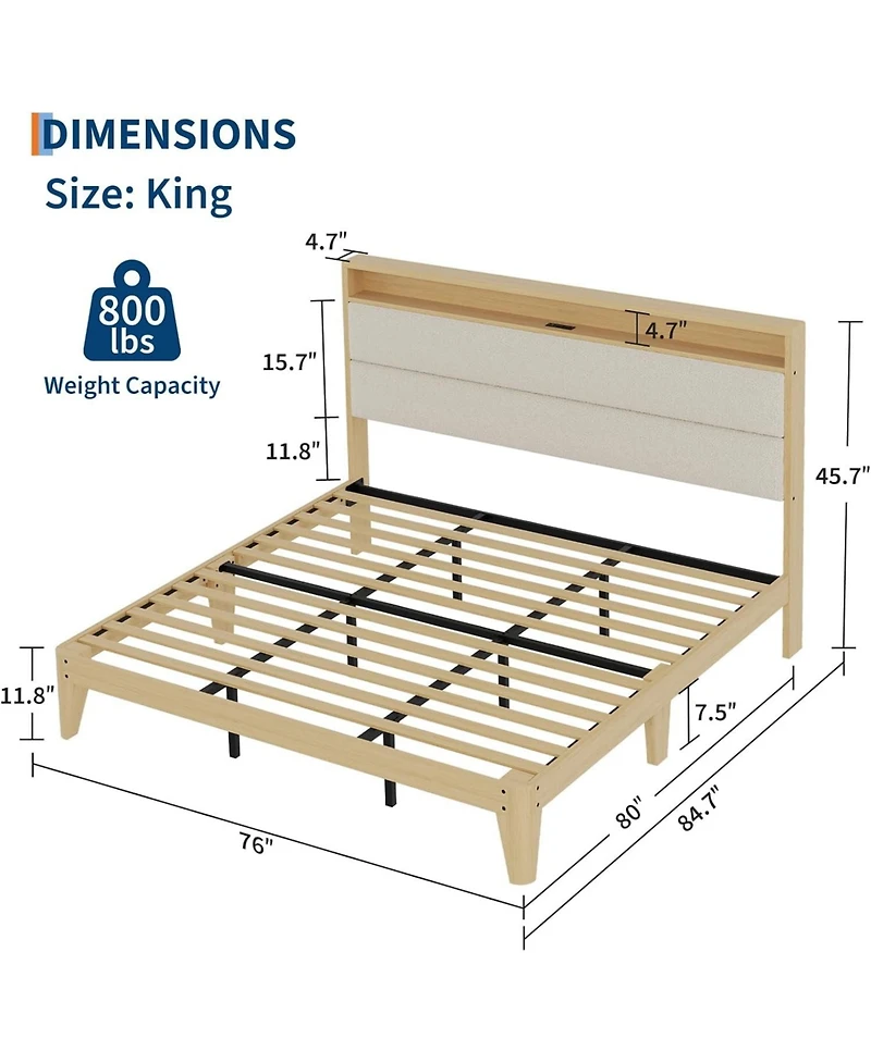 gaomon King Upholstered Bed Storage Headboard Led Boucle Platform Charging Station No Box Spring Easy Assembly