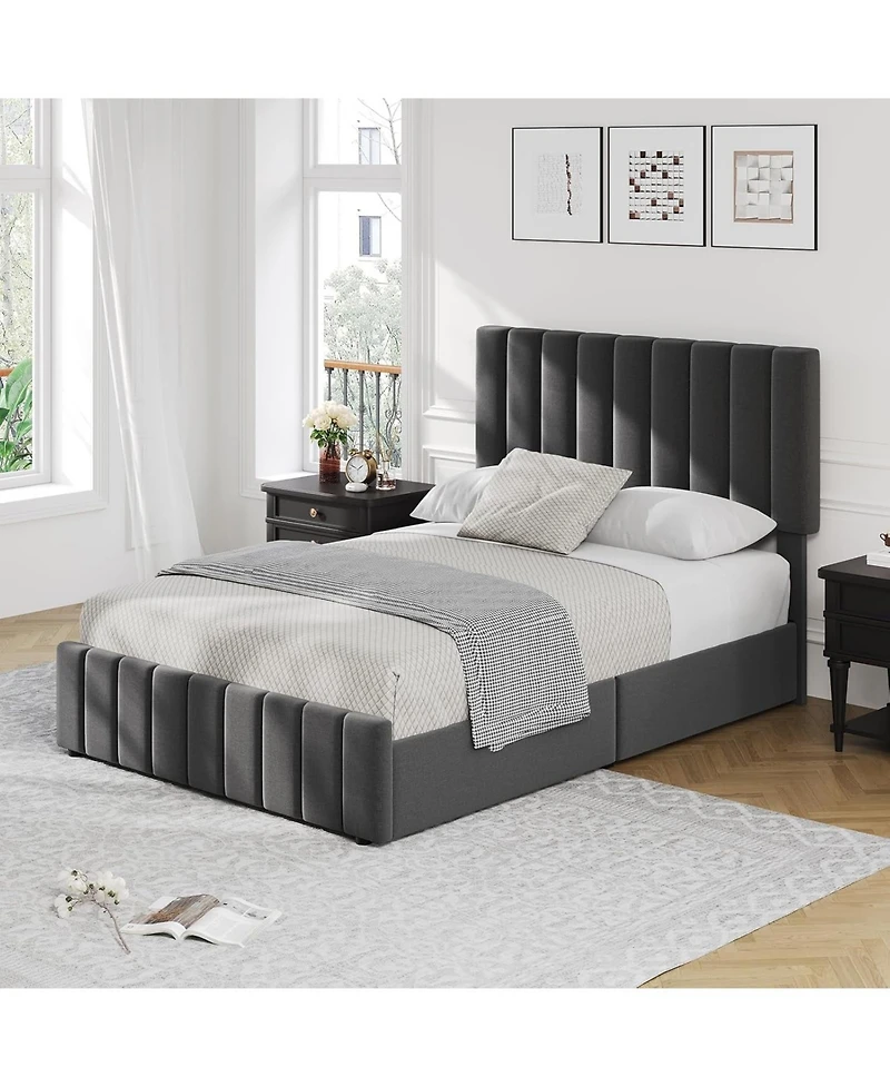 gaomon Upholstered Bed Frame 4 Storage Drawers Adjustable Headboard Wooden Slats Support No Box