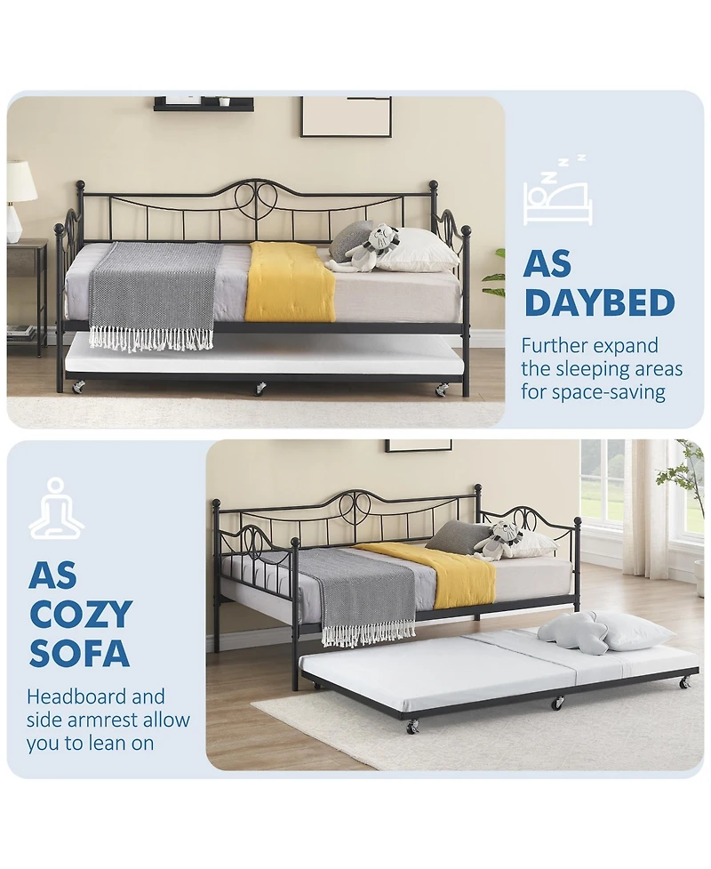 gaomon Daybed with Trundle Twin Day Bed 6 Wheels Art Sweet Heart Heavy Duty Metal Slats Pull Out Sofa Bed
