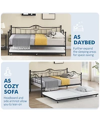 gaomon Daybed with Trundle Twin Day Bed 6 Wheels Art Sweet Heart Heavy Duty Metal Slats Pull Out Sofa Bed